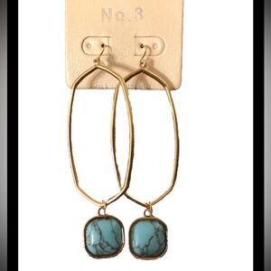 Gold Drop Hoop Earrings with Turquoise Stones